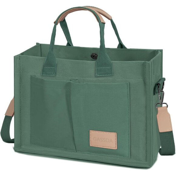 Women's Dark Green Canvas Tote Pockets Handle Crossbody Shoulder Satchel Bag - Picture 1 of 7